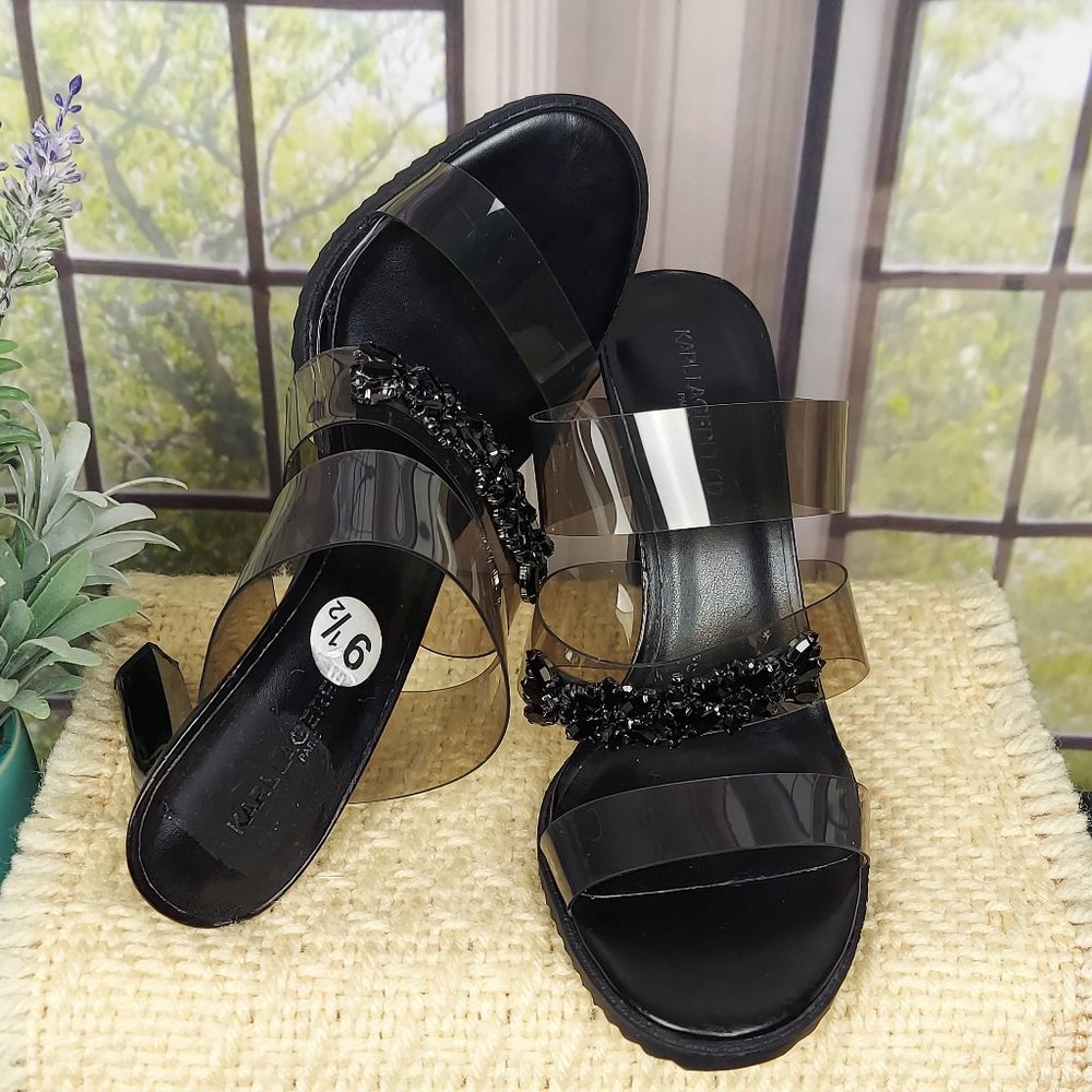 KARL LAGERFELD PARIS BRENTLY 3 BAND HIGH HEEL SLIDE SANDALS (9.5) - Picture 2 of 15